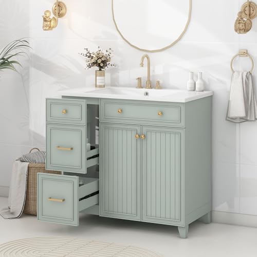 Linique 36\" Bathroom Vanity with Resin Sink Combo Set, Solid Wood Frame Modern Bathroom Storage Cabinet with 2 Drawers and 1 Adjustable Storage Shelf, 2 Soft Closing Doors, Green - Thumbnail 3