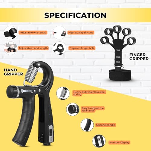 Image of Xyno Adjustable Hand & Finger Gripper Combo with Counter | Resistance Grip Strength Trainer & Finger Exerciser | Forearm, Wrist & Hand Workout Tool for Men & Women | Home Gym Fitness Equipment