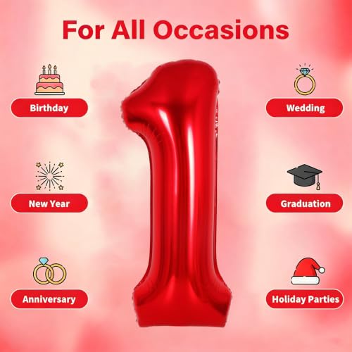 Image of Number Balloons Red Party Balloon - 40 Inch Large Number 1 Balloon, Numbers Balloon Birthday Decorations, Red Party Supplies for Anniversary