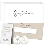 Gutscheinkarten zum Selbstausfüllen (50er DIN Lang) - Blanko Gutscheine zum Ausfüllen als Vorlage | inklusiv Aufsteller & Aufkleber | Gutscheinvorlagen auf 300g Cremepapier