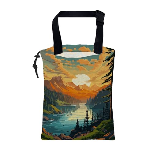 Image of Car Garbage Bag Mountain Lake and Sunrise Drawstring Car Trash Bag Hanging for Back Seat with Adjustable Buckle Canvas Vehicle Trash Can Easy-to-Install