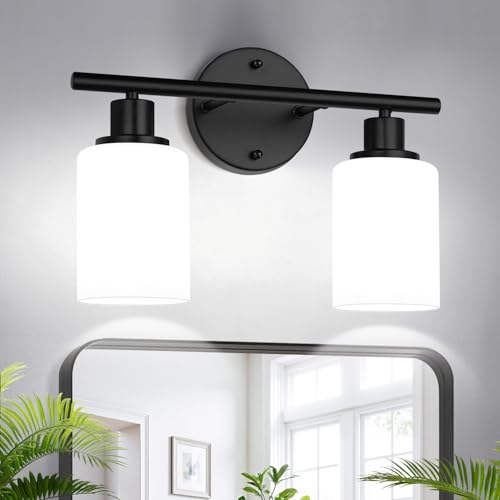 Image of Zarbitta 2-Light Bathroom Light Fixtures,Black Modern Vanity Lights with Milky White Frosted Glass Shades,Bathroom Wall Lamp for Mirror Kitchen Living Room Hallway Cabinet Porch