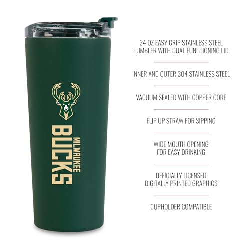 Image of Rico Industries NBA Basketball Milwaukee Bucks Green 24oz Stainless Steel Tumbler with Lid and Dual Functioning Lid