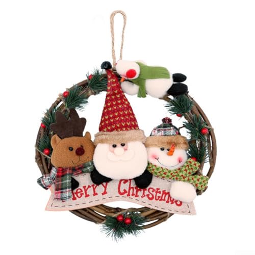 Corona di Natale 29 cm in rattan con Babbo Natale pupazzo di neve e renna per porta di casa, decorazione interna ed esterna, resistente alle intemperie, atmosfera festiva, facile da appendere per