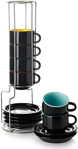 Porcelain Espresso Cups with Saucers and Metal Stand, Stackable Demitasse Cups - 2.5 Ounce for Coffee and Tea, Set of 6, Black Multi Color