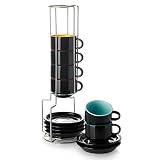 Porcelain Espresso Cups with Saucers and Metal Stand, Stackable Demitasse Cups - 2.5 Ounce for Coffe
