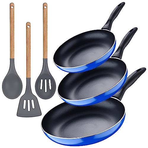 Set 3pc sarten (16+20+24cm) aluminio prensado, inducción, azul navy paradise con Set 3pc utensilios de cocina silicona madera