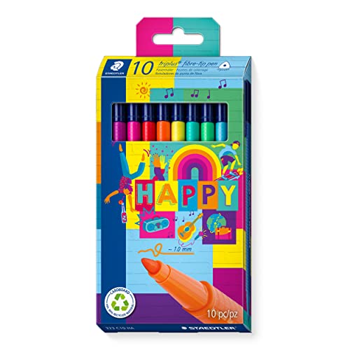 Staedtler Triplus Happy Fibre-Tip Pens, Ergonomic Triangular Shaft, Line Width 1.0 mm, Long Life, 10 Fibre-Tip Pens in Assorted Happy Colours in Cardboard Case, 323 C10 HA