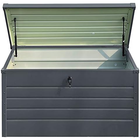 DKIEI Garden Metal Storage Box Waterproof Outdoor Storage Container Furniture Deck Box Storage Bench with Lockable Lid for Patio Furniture Cushions Garden Tools and Pool Toys Black, 120x61x63CM Cover