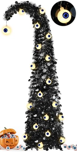 MACTING Whimsical Halloween Tree with Eyeball String Lights 5FT Black Pop Up Christmas Tree with 30...