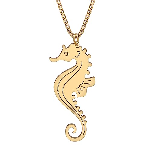 Image of YAYAKO Dolphin Necklace Pendant Charms Stainless Steel Sea Turtle Necklace for Women Girls Sea Animals Jewellery (Gold Seahorse Necklace)