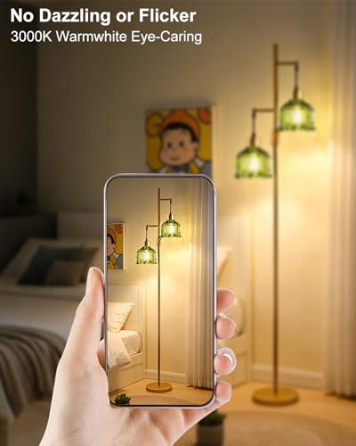Image of 2-Light Modern Glass Floor Lamp, Gold Tall Standing Lamp with Green Flower Glass Shade for Reading, Dimmable LED Floor Lamp with 5Lbs Heavy Base for Living Room Bedroom Home Decor, Bulb Included