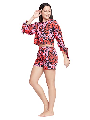 Image of Clovia Women's Crepe Floral Printed Top & Shorts Set - Red