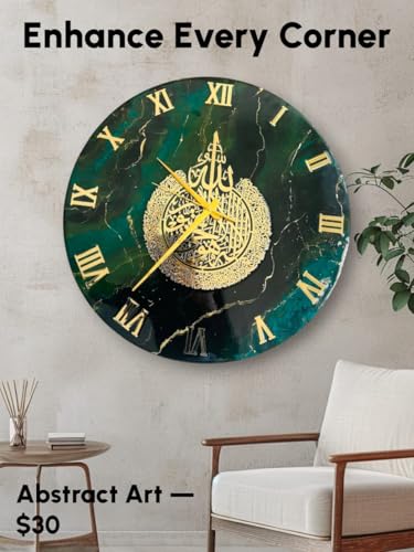 Image of Handmade Resin Wall Clock with Roman Numerals - Luxury Marble Effect Designer Wall Clock with Gold Finish, Silent Quartz Movement, Modern Home & Office Decor (Green)