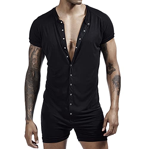 Men's Short Sleeve Pajamas Sexy Sleepwear Jumpsuit Stretchy Silky Elastic Home Casual Sleepwear3