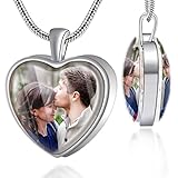 Farfume Custom Picture Necklace Personalized Memorial Photo Heart Shape Pendant Stereoscopic Design Jewelry Stocking Stuffers for Woman(Heart Silver)