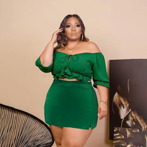 Image of Women Plus Size Skirt Two Piece Outfit Short Sleeve Off The Shoulder Crop Top shorts Dress Suit Set