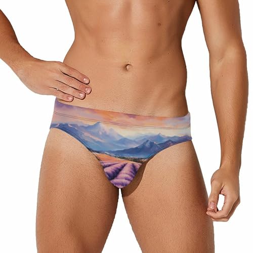 Lavender Flowers Landscape Men's Swim Trunks Briefs Swimsuit Swimwear Bathing for Underwear Beach