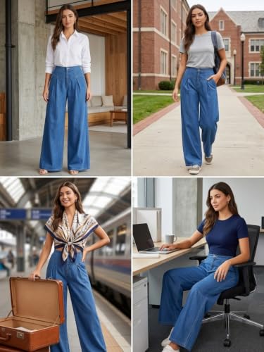 Image of GRECIILOOKS Women's High Waist Wide Leg Denim Jeans for Women Stylish | Korean Style Loose Fit Baggy Jeans | Casual Trendy Flared Denim Pants | Fashionable Relaxed Fit Bell Bottom Jeans with Pockets