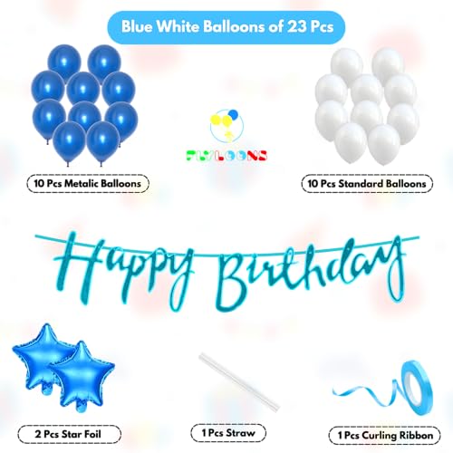 Image of Flyloons Happy Birthday Decoration Kit Blue White for Baby Boys Girls Kids Twins Men Women With 20 Pcs Metallic Balloons Birthday Banner 2 Pcs Star Items Set