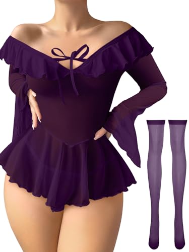 Image of Foxiny Sheer Ruffle Long Sleeve Babydoll Lingerie Dress | Off-shoulder neckline, flared cuffs and a flounce hem add movement; thong and thigh-high stockings complete the 3-piece set