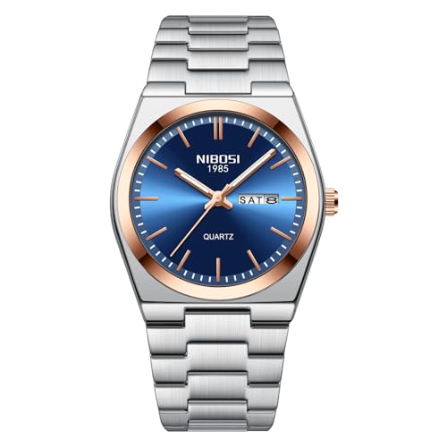 Image of NIBOSI Watch For Men Business Men Analogue Watches Ultra-Thin Waterproof Quartz Military Wrist Watches With Stainless Steel Band, Dial-Color:Blue, Band Color:Silver