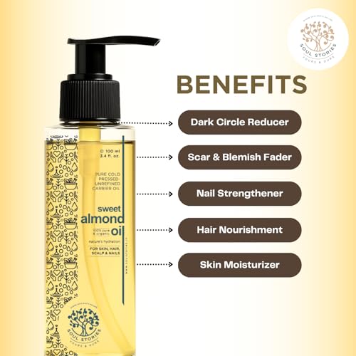Image of Soul Stories Sweet Almond Oil 100ml | 100% Pure Cold Pressed Oil for Hair, Face & Body | Helps Reduce Dark Circles & Puffiness, Nourish Complexion & Soften Hair | Rich in Vitamin A & Omega