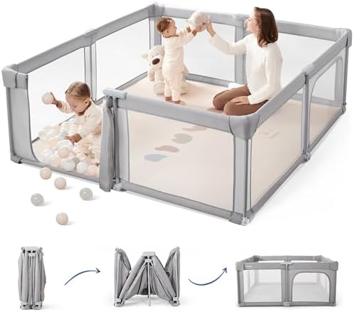 Sweeby Baby Playpen, 59x59 Inch Gate Foldable for Babies and Toddlers, Extra Large With Door Play Yard for Fence Indoor and Outdoor, Gray