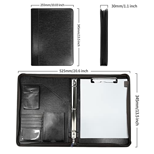 Image of Zippered Portfolio Organizer, WRIYES Leather Padfolio with 3 Ring Binder, Professional Business Binder, Organizer for IPad /Document, Phone & Business Cards, Office Gifts for Men or Women (Black)
