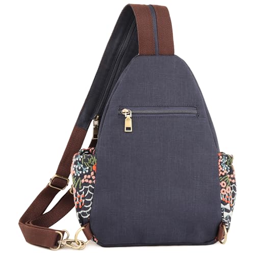 Image of SILKAREA Canvas Sling Backpack Purse for Women Embroidered Flowers Travel Backpack Crossbody Bag Shoulder Bag (Embroidered B)