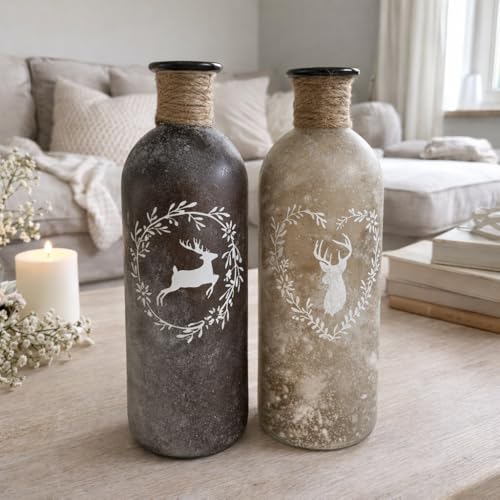 ReWu Vase Glasvase 2er-Set - Hirsch Motiv - Gefrostet Dekovase Dekoration Wohndekoration Dekorativ Glas Landhausstil Dekoflaschen Tischvasen Flaschenvase mit Sisalband 7 x 21 cm