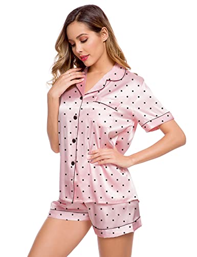 Image of LecGee Womens Silk Satin Pajamas Short Sleeve Loungewear Two-Piece Sleepwear Button-Down Pj Set