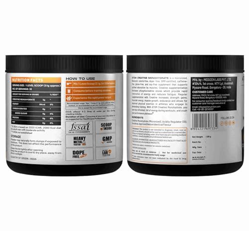 Image of Asitis Nutrition ATOM Creatine Monohydrate (100 grams Powder, 32 Servings, Kiwi Fusion Flavour) | Dope Free | Enhances Performance | Promotes Muscle Gains