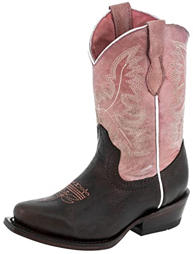 Girls Kids Pink Dark Brown Stitched Leather Cowgirl Boots Snip Toe - Main Image