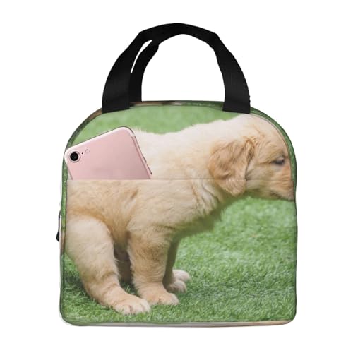 断熱ランチバッグ 大容量 防水 熱漏れ防止 スタイリッシュで丈夫 仕事、学校、アウトドア活動に便利 男女兼用 (黄色の犬 かわいいゴールデンレトリバーの子犬が赤ちゃんのうんちをする 愛らしいアーチ)