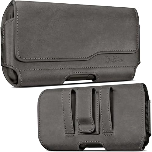Image of DeBin Holster for Large iPhone Plus, Pro Max Models 17 16 15 14 13 12 11 Xs Max - Leather Cell Phone Belt Holder Case with Clip, Carrying Pouch Cover Fits Phone with Case on, Pewter