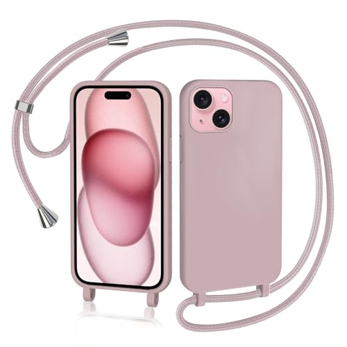 AOMYKE Coque pour iPhone 15 avec Cordon, Collier Étui Silicone Liquide avec Tour de Cou Lanière en Corde Souple TPU Antichoc Housse - Rose