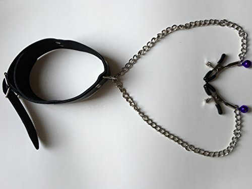 Healthy Care Sex Collar with Nipple Clamps Breast Clamps,Single Bell - Fetish Leather Bondage Kit SM Black Neck