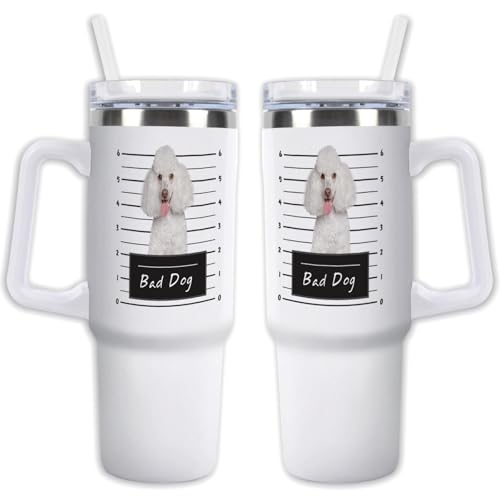 GABSHAIM Custom White Tumbler Dog Travel Mug with Handle & Straw Lid Double-layer Insulation Double Sided Printed Travel Coffee Cup Poodle Pattern Design 40 oz Style 2