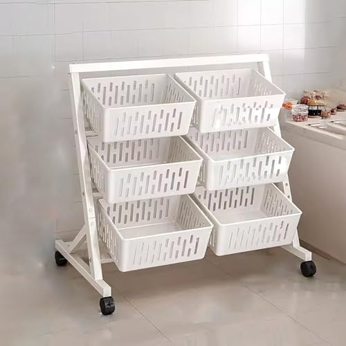 JYHHCYS 96cm Tall Rolling Storage Cart Organizer on Wheel - Vegetable Storage Rack with Large 6 Pcs Baskets - Freestanding Supermarket Shelf Store Up Onion, Potato, Chips(White)