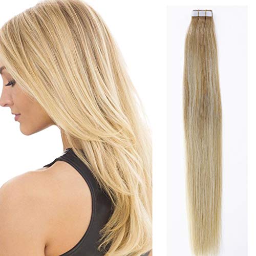 Loxxy Tape In Hair Extensions Natural Remy Human Hair Balayage Tape In Hair Extensions Human Hair Invisible Double Sided 20Pcs 50g/pack Color B #18-613 Bleach Blonde With Dark Ash Blonde 18Inch