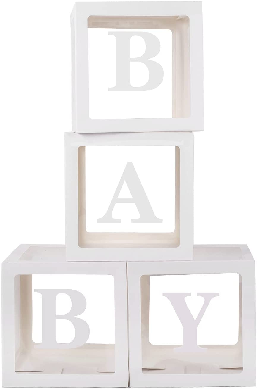 Baby Shower Decorations Balloon Boxes, 4Pcs White Transparent Baby Blocks Boxes with 4 Set of BABY Letters for Girl Boy Birthday Party Decorations (White)