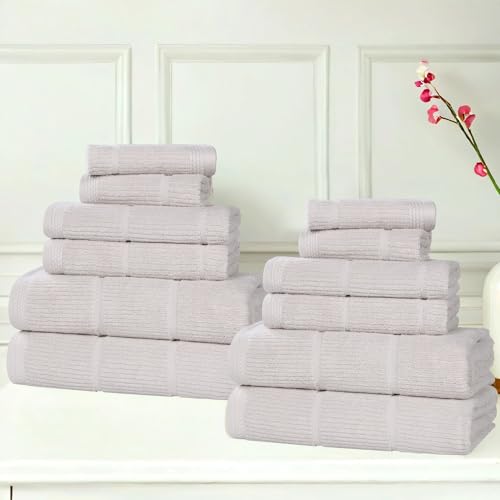SUPERIOR Ultra Soft Quick Dry Absorbent Cotton Blend Towel Set for Bathroom, Bath Essentials, Ribbed Design Milo Towel, 12 Piece Assorted Towel Set, Silver