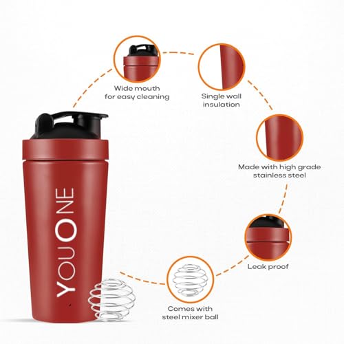 Image of YOUONE Stainless Steel Shaker Bottles For Gym - 100% Leakproof Guarantee, Ideal For Protein, Pre Workout, Bcaas & Water Bpa Free Material (Red)