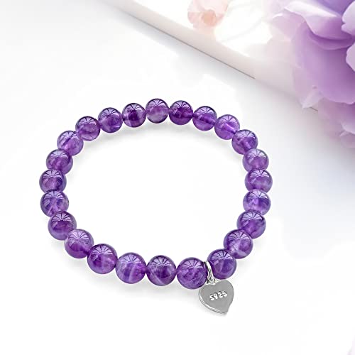 Image of Positive Lady Natural Amethyst Bracelet 16.5 17.78cm with 925 Sterling Silver Angel Wing Cross Four Leaf Clover Heart Rubber Charm 6mm bead Healing Crystal for Women Girl Handmade Adjustable, Stone