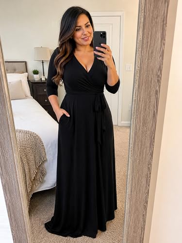 Image of PinkPatty Women's Plus Size Maxi Dress Casual 3 /4 Sleeve Dress with Belt | Soft stretch feel, printed style, flowy A-line fit, v neck, waist tie, side pockets, for vacation, party and daily wear