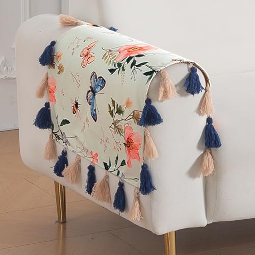 Image of HOKIPO Premium Sofa Armrest Cover (1 Pair) | Printed Holland Velvet with Tassels | 'Whispers of Nature' Pastel Butterfly Meadow (IN-1115-D2*2SM)