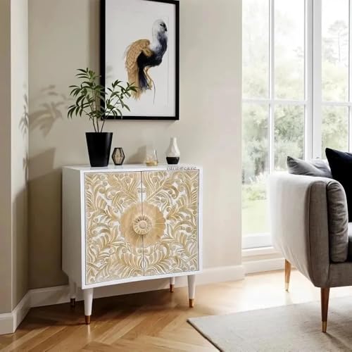 Image of Aerka Wooden Sideboard Cabinet for Living Room | Handcrafted Wooden Cabinet for Storage with Carved Doors | Cabinet for Home | Wooden Storage Furniture for Home | White Distress