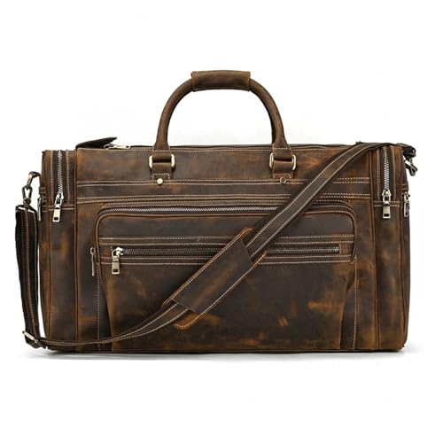 Exlarge Mens Leather Weekend Bag Leather Travel Duffle Large Vintage Cowhide Zipper Bag Luggage Tote Bag