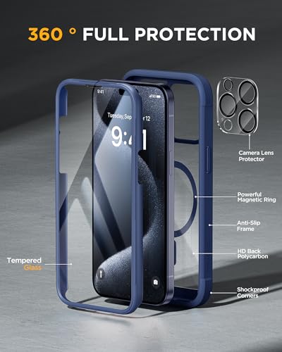 Image of Miracase Magnetic for iPhone 12 Pro Max Case [Compatible with MagSafe] Full-Body Phone case with Built-in Glass Screen Protector& Camera Protector, Military Drop Proof 12 Pro Max Cover, Blue